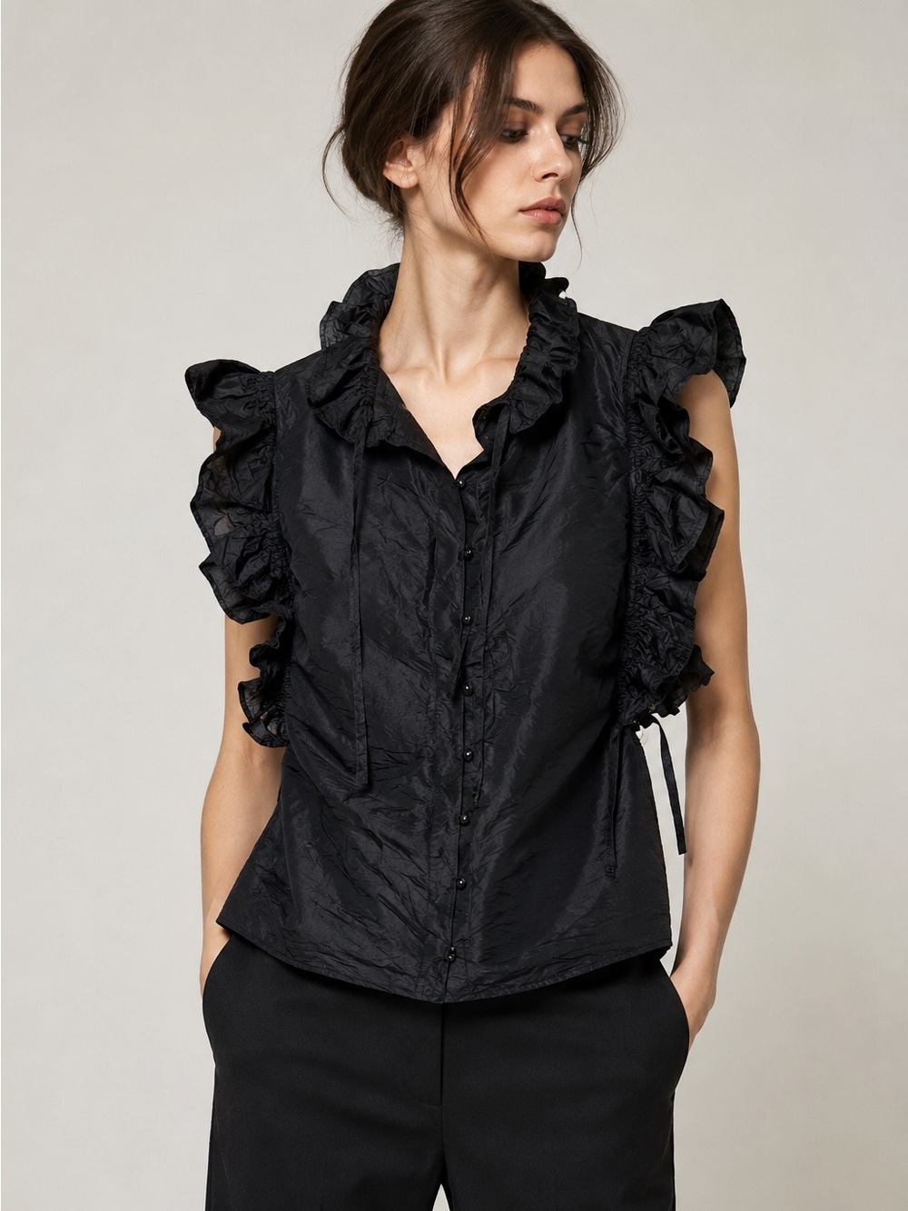 Balenciaga 2009 Black Silk Ruffle Sleeveless Blouse Top IT 36 Runway Womens